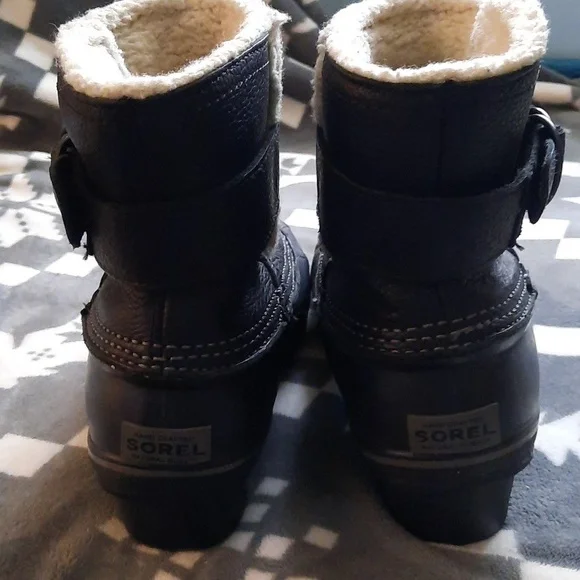 Sorel Black Leather Ankle Rubber Sherpa Lined Boots NL2135-010 Size 9 - Picture 10 of 16